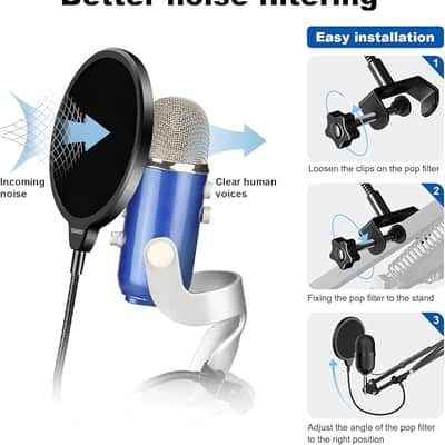 Aokeo Professional Microphone Pop Filter Mask Shield For Blue Yeti and Any Other Microphone,Mic Dual Layered Wind Pop Screen With Flexible 360° Gooseneck Clip Stabilizing Arm image 3