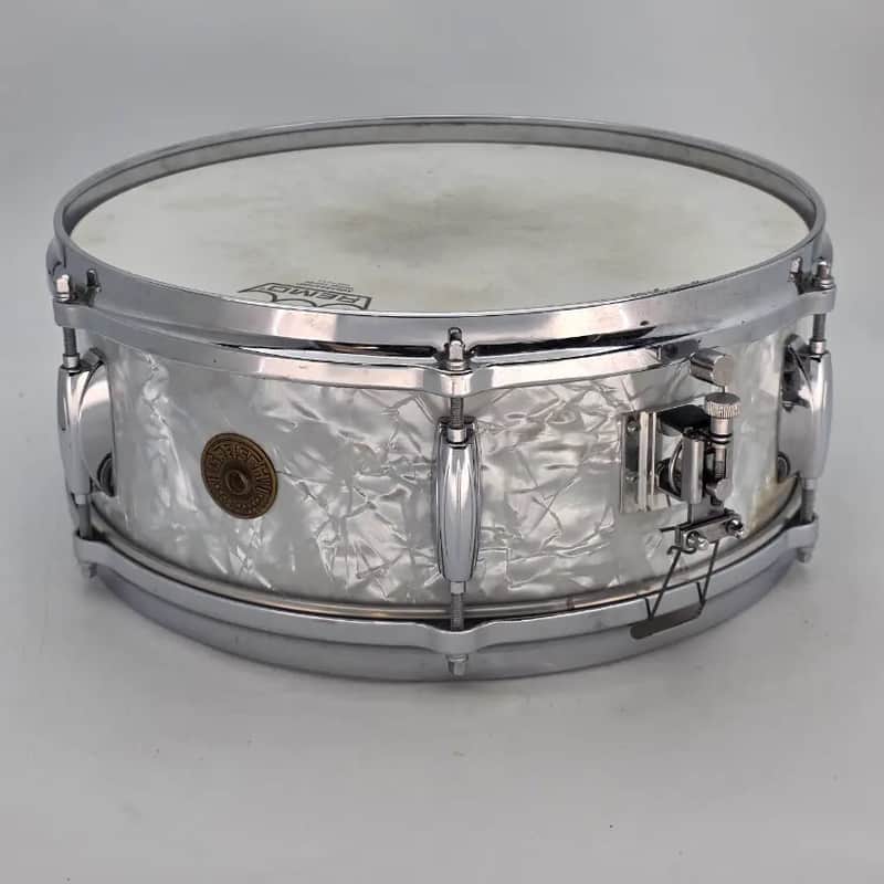 Used Vintage Gretsch Dixieland Snare Drum 14x5.5 White Marine Pearl - Good image 1