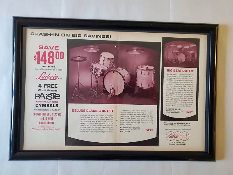 1967 Ludwig Large Format Color promotional Ad Framed Deluxe Classic & Big Beat Outfits Original RARE image 1