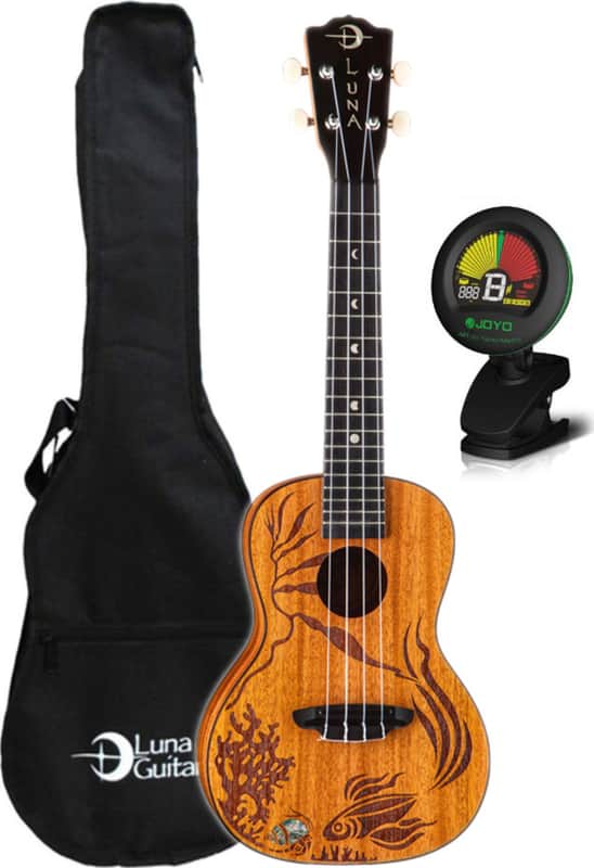 Luna Coral Uke Solid Mahogany Concert Ukulele w/ Etched Fish, Gig Bag, and Tuner image 1