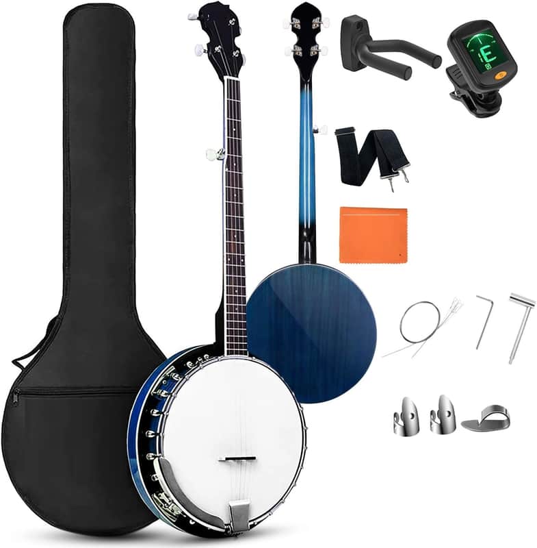 Banjo 5 String Full Size Banjoes Set, 38 Inch Beginner Banjo Kit with Resonator, Drum Head, Open or Closed Back, Gift Package Free Lessons Starter Accessories for Adults Teenager, Blueburst image 1
