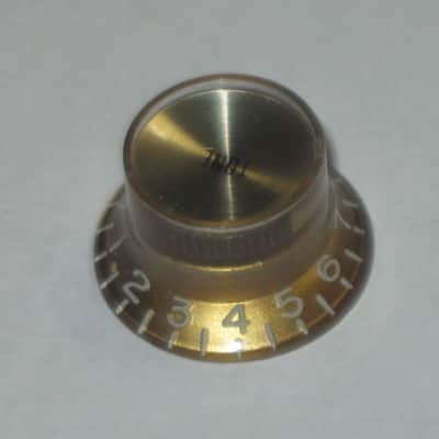 ONE very lite use genuine Gibson TONE (small print) knob from PRMK-030 set (only ONE TONE knob for sale / the other three knobs NOT included)  late 2000s or early 2010s - Knob is Gold with White Numbers & White Dashes (Gold Reflector w/ Small Black Print) image 16