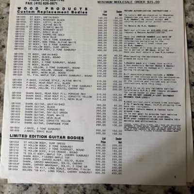 Chandler Stratocaster Replacement Body Brochure & Dealer Price List 1986 image 3