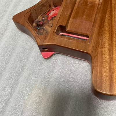 Vibrato system Headless Electric Guitar Body | Mahogany Core with Burl Top & Red Resin Inlay  2. Headless Style Guitar Body, Mahogany Base + Burl Wood & Sparkle Red Resin Finish image 4