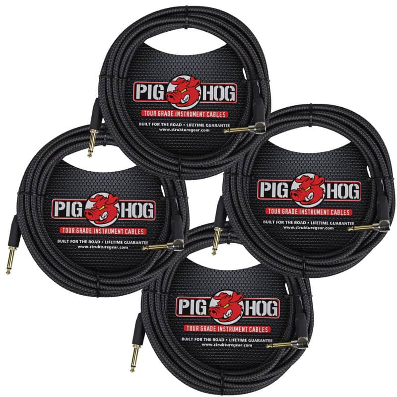 4 Pack Pig Hog PCH20BKR Black Woven ¼” TO ¼” Right Angle Instrument Cable, 20ft image 1