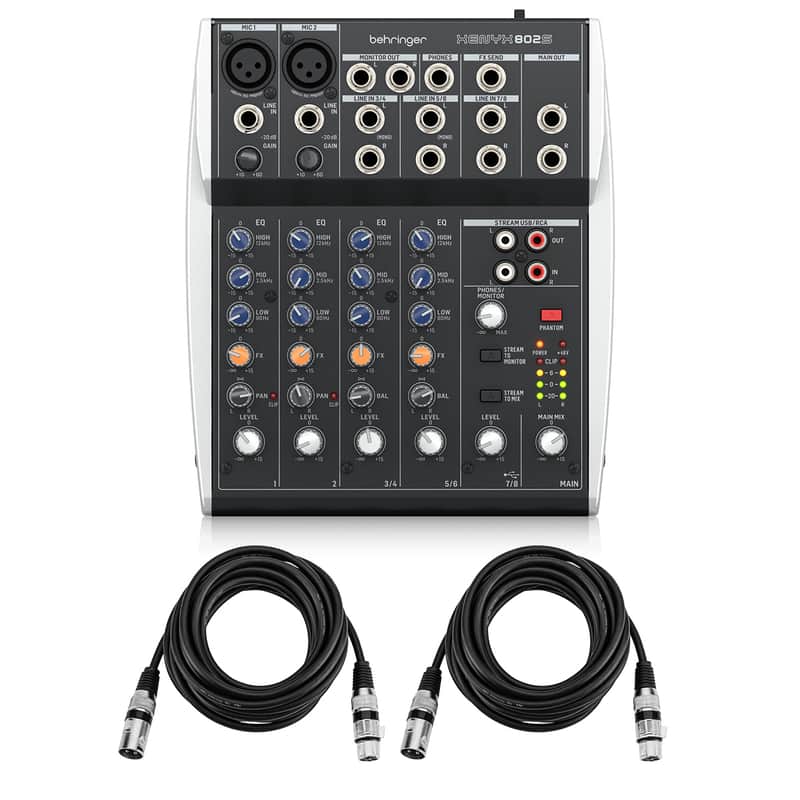 Behringer XENYX 802S Premium 8-Channel Analog Mixer with USB Streaming Interface, Bundle with 2x 15' XLR Microphone Cable image 1