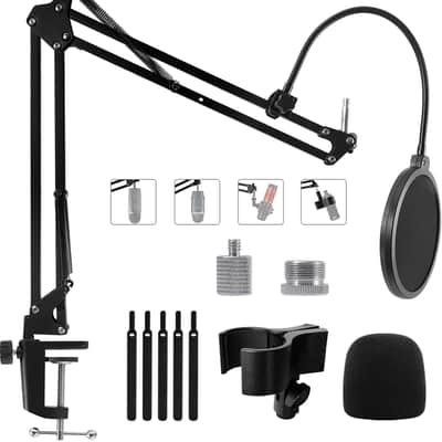 Mic Stand Boom Arm for Blue Yeti, Nano, HyperX and More Mic, Adjustable Boom Arm Desk Microphone Stand with 3/8" to 5/8" 1/4" Screw, Pop Filter Mic Clip Cable Ties image 1