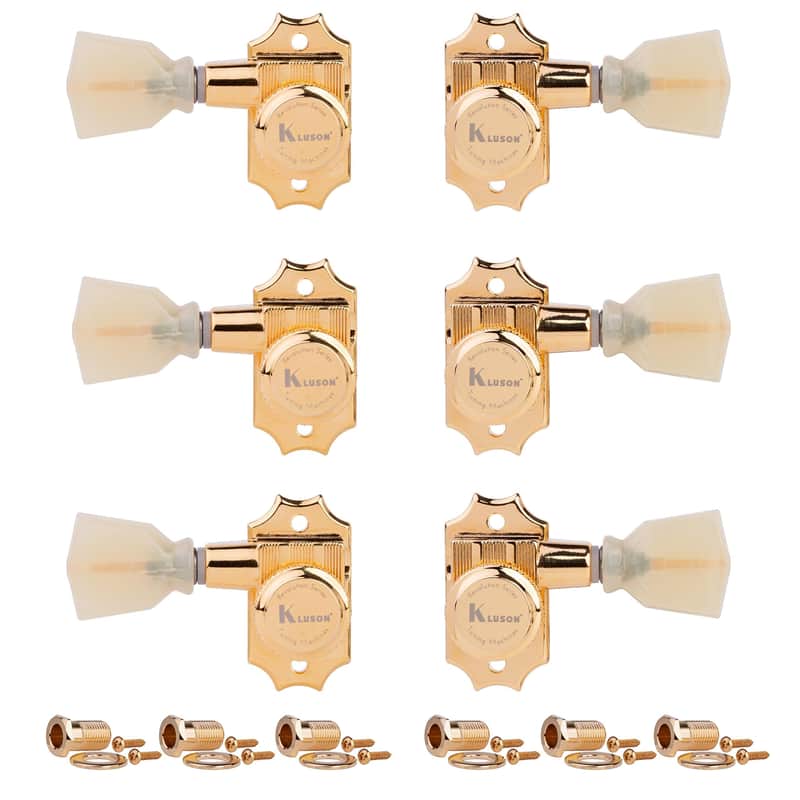 Kluson 3+3 Locking Revolution Series G-Mount Tuners - Pearloid Keystone Button, Gold image 1