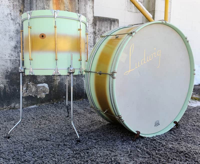 30's Ludwig Mint/Gold Duco 2PC (26"x10" BD + 15"x12" Brass Tube Lug FT) Drum Set image 1