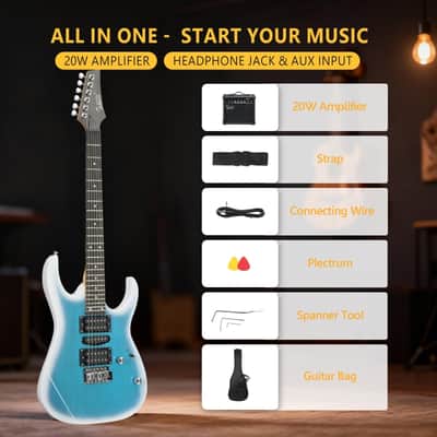 Glarry 170 type Electric Guitar HSH Pickups, 20W Amp Blue-White Burst image 6