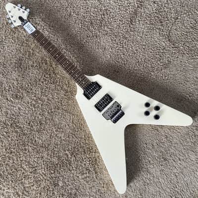White Flying V Style Electric Guitar, Solid. Basswood Body, Maple Neck, Rosewood Fingerboard