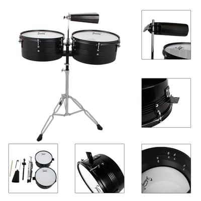 Glarry 13" & 14" Timbales Drum Set with Stand and Cowbell Black image 2