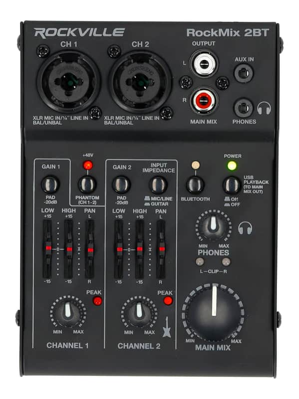 Rockville RockMix 2BT 2 Channel USB Interface Mixer, 2-way Bluetooth For Podcast image 1