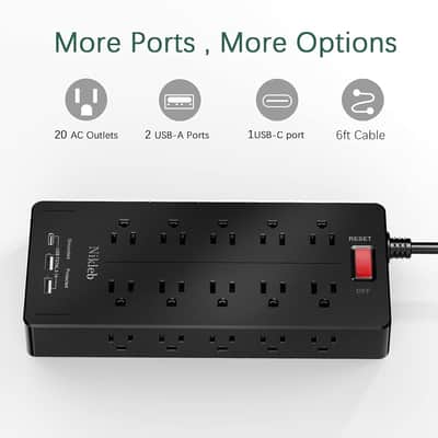 23 in 1, 20 Outlets Surge Protector Wall Mount with 2 USB Ports + 1 USB C Port 3.1A Total, Multi Plug Extension Cord 6ft Heavy Duty, Office Desk Accessories for Studio image 5