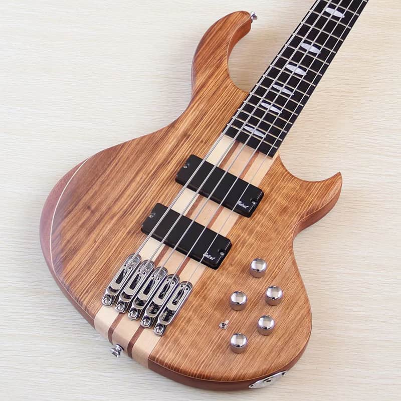 Zebra Wood Top Custom 5 String Electric Bass, Okoume Body, Maple Neck Through, 24 Frets Fingerboard Fretboard image 1