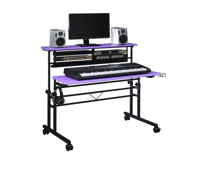 Adjustable Sit-and-Stand Music Studio Desk Workstation with 2 x 3U Rack – Durable Carbon Fiber Finish (Purple) image 1