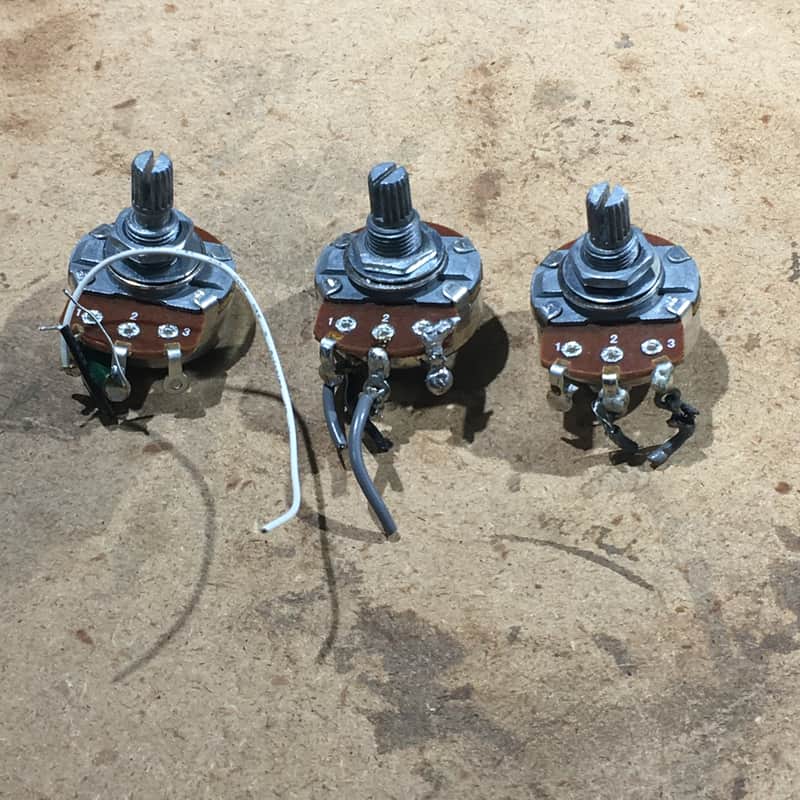 3 Vintage Fender Squier A500K Strat Wiring Pots Full Set + Green Mylar Capacitor image 1