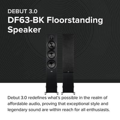 ELAC Debut 3.0 DF63-BK Floorstanding Speaker, Black Ash (Each) - 1” Aluminum Dome Tweeter, 6.5” Aramid Fiber Midrange & Dual 6.5” Aramid Fiber Woofers - 3-Way Bass Reflex - 31Hz to 38KHz Response image 2