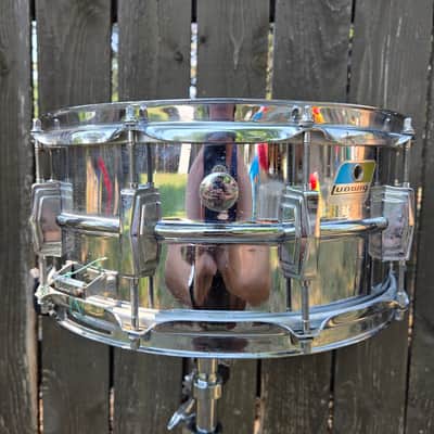 Ludwig No. 402 Supraphonic 6.5x14" 10-Lug Aluminum Snare Drum with Rounded Blue/Olive Badge 1979 - 1984 - Chrome-Plated image 10