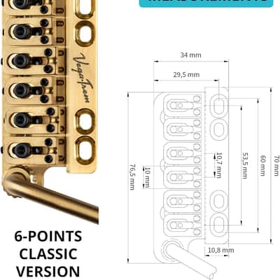 Vega-Trem VT1 Special Standard 6-Screw Stratocaster Guitar Tremolo Bridge For Strat No Mods Easy Installation (Gold, Right) image 8