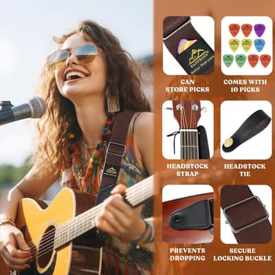 Guitar Strap 17 Set, Adjustable Cotton Straps with Picks Holders, 2 Strap Buttons, 2 Rubber Strap Locks, Belt Buckle, Headstock Tie and 10 Picks for Acoustic/Electric Guitar/Bass(brown set) image 2