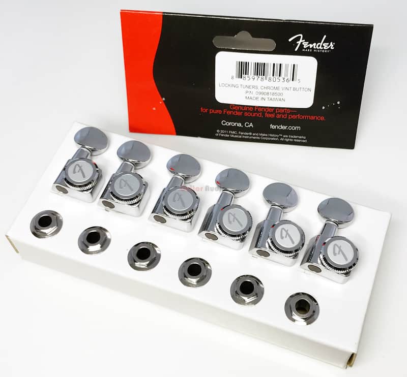 Genuine Fender Locking F Logo Tuners Machines Pegs CHROME w/VINTAGE BUTTONS image 1