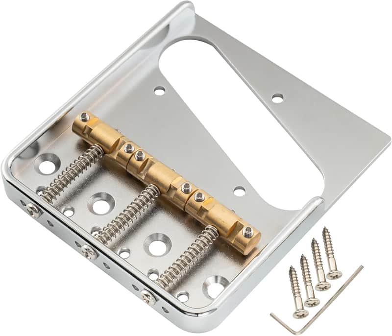 54mm(2-1/8 inch) Vintage Full Solid Aluminum Plate Guitar Telecaster Bridge with Compensated Brass 3-Saddle for Tele Style Electric Guitar Replacement, Chrome image 1