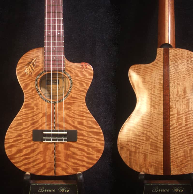 Handmade ArchBack Tenor Ukulele, Solid Quilted Maple, Leaf decor, Soft-bag, Bruce Wei UCK17-2003 image 1