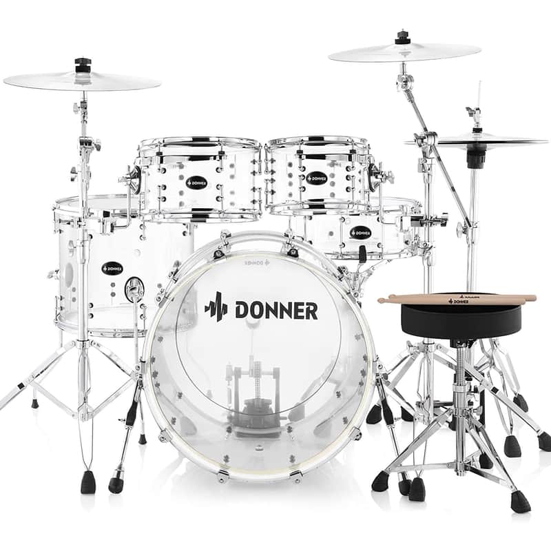 (Accept Offers) Donner DDS-1000 Crystal 22-inch 5-Drum Set for Adults Transparent+White image 1