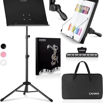 5 in 1 Dual-use Sheet Music Stand & Desktop Book Stand Metal Portable Solid Back Height Adjustable from 31.4-57in with Book Stand Support, Carrying Bag, Sheet Music Folder and Clip image 1