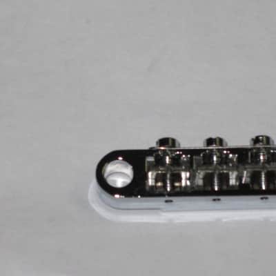 lightly used Epiphone B-2 metric ABR-1 vintage style bridge, wired,  CHROME, large posts mounting pieces (NO anchors) 1990s/2000s (for some import guitars that use this style bridge) will NOT fit on Gibson - mounting holes are too big image 12