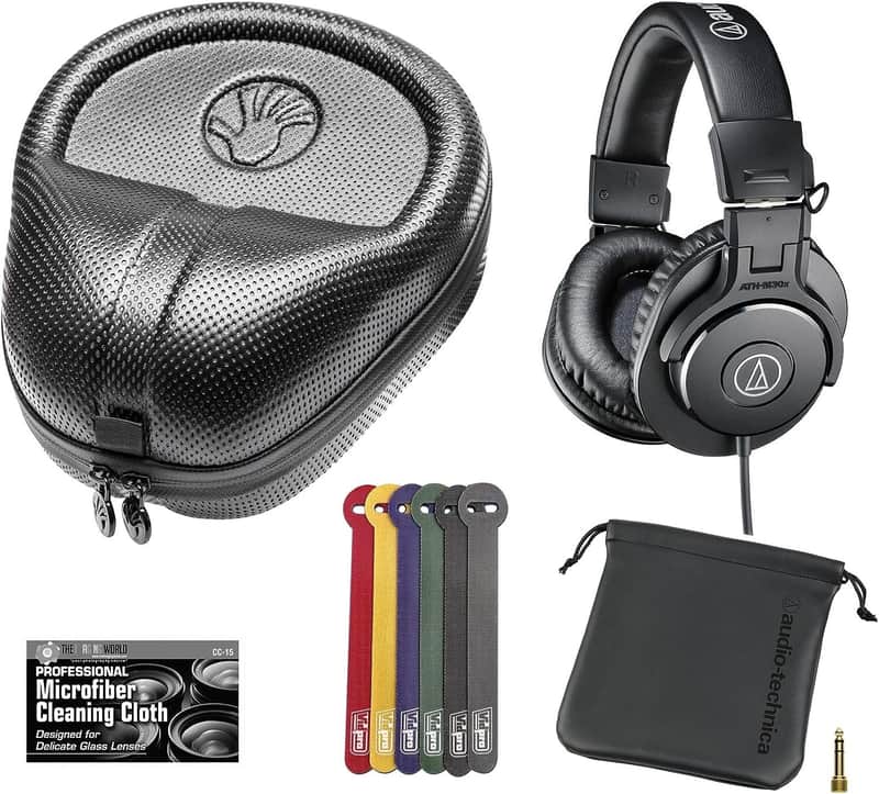 Audio-Technica ATH-M30x Closed-Back Monitor Headphones (Black) + Slappa Full Sized HardBody PRO Headphone Case (SL-HP-07) + Cable Ties + TheImagingWorld Cloth image 1