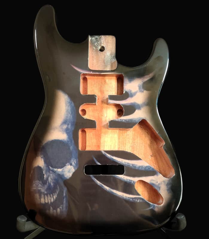 Stratocaster Body, Brand New/Great Skull Design under Black Gloss Clearcoat image 1