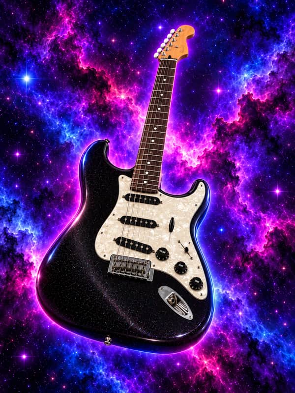 Fender Nedula 70th Anniversary Stratocaster 2024 - Black with multicolored small dots,red and blue to simulate Nebula.