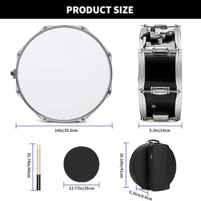 Snare Drum Kit, 14" x 5.5" Marching Snare Drum + Storage Padded Bag + Silent Mute Pad + Pair Of 5A Drumsticks + Drums Key, Portable Drums Hardware Set for Adults Kids Student Beginners (Black) image 3