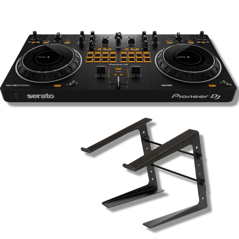 Pioneer DDJ-REV1 DJ Controller Bundle with Adjustable Laptop Stand for DJ's and StreamEye Polishing Cloth image 1