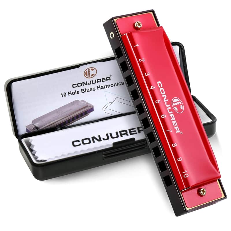 Blues Harmonica For Kids Adult Beginners 10 Hole Diatonic Harmonica Key Of C, Metal Mouth Organ C Key Brass Reed Blues Harp With Case, Red image 1
