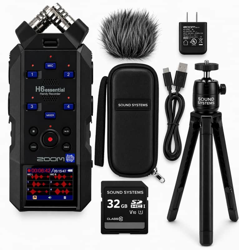 Zoom H6essential 6-Track 32-Bit Float Portable Audio Recorder Bundle with Hairy Windscreen, Case, AC Adapter, USB-C Cable, 32GB SD Card and Mini Tripod image 1