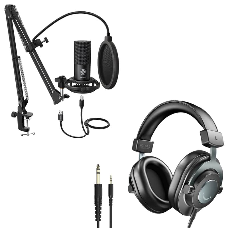 Studio Microphone 6.35Mm/3.5Mm Headphones Bundle, Usb Pc Condenser Microphone With Scissor Arm Stand, Shock Mount, Monitor Over-Ear Headphones, For Instruments Recording Podcasting (T669+H8) image 1
