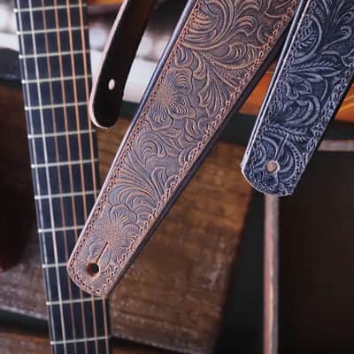 LM Products Premier Leather Guitar Strap Black Western Tooled PM-13 *Free Shipping in the USA* image 2