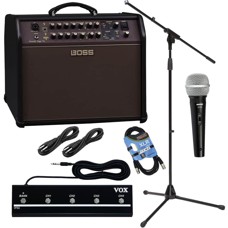 BOSS ACS Pro 120W Amplifier for Acoustic Guitar, SV100 Mic, Mic Stand, XLR Cable, VOX VFS5 Footswitch, (2) 1/4 Cables Bundle