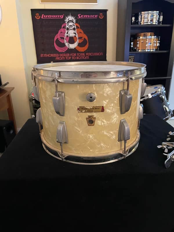 WFL Ludwig 9x13 Rack Tom wDrum Shop Chicago Sticker 1930’s/1940’s?? White Marine Pear image 1