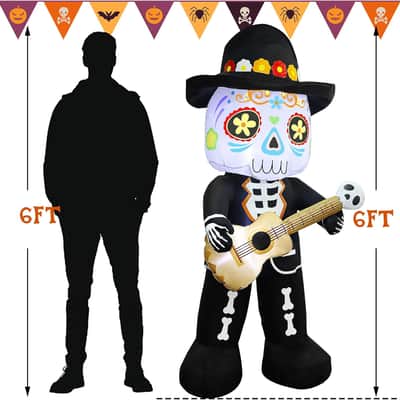 6FT Inflatable Mariachi Skeleton Halloween Decor w/ Guitar & LED Lights image 5