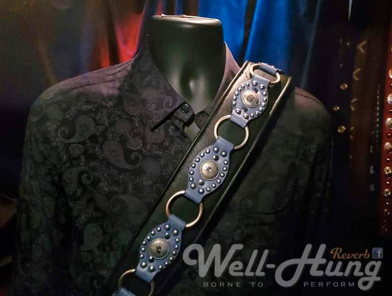 Well-Hung No Prisoners "Blue Steel"  3" wide padded black leather guitar strap with studded feature image 1