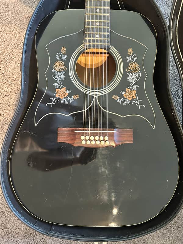 Black 12-String Acoustic Guitar w/ Floral Pickguard & Hard Case image 1