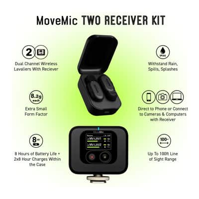 Mint Shure MoveMic Two Kit - Pro Wireless Lavalier Microphones with Camera Receiver for DSLRs, iPhone, Android, Mac & PC, 2 Bluetooth Mini Mics, 24 Hours Charge, IPX4, Portable Clip Lavs (MV-Two-KIT-Z7) image 5