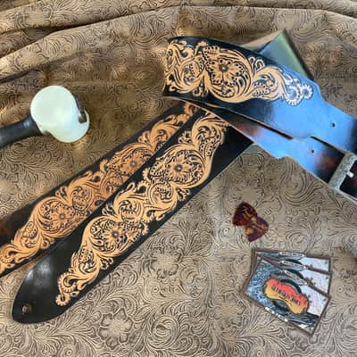 Custom Tooled Leather Sheridan Style Floral Guitar Strap 2.5" SuedeSkinTools image 1