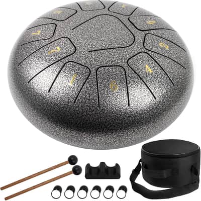 Steel Tongue Drum, 10 inch 11 Notes Tank Drum C Key Percussion Steel Drum Kit w/Drum Mallets Note Stickers Finger Picks Mallet Bracket and Gig Bag image 1