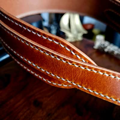 Hand Made, Hand Stitched Guitar strap "Rockatansky" in Burnt Tan & Cream - Vegetable Tanned Leather image 5