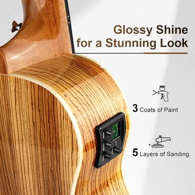6 String 30 Inch High Gloss Zebra Wood Acoustic & Electric Ukulele Guitalele with Truss Rod with Padded Gig Bag, Strap image 3